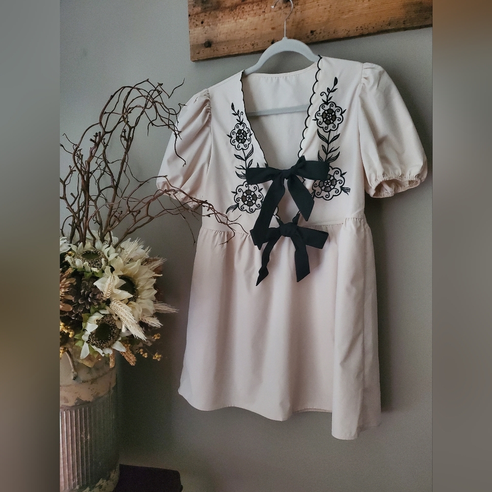 NWT Adorable Ecru Mini Dress with Black Embroidery and Bows